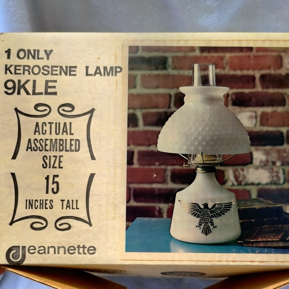 NOS Vintage Jeannette Milk Glass Kerosene Lamp Eagle Motif Complete w/ Box 15"